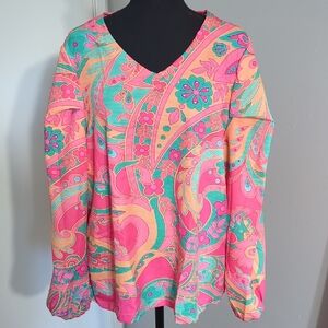 Vivid Pink Paisley V-Neck Long Sleeve Top